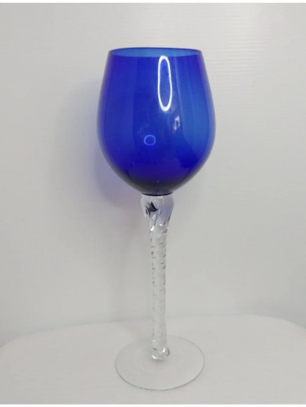 Bombay Cobalt Blue Ballon Wine Glass Twist Stem Goblet Art Glass 11